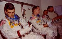 Apollo 1 astronauts ride the transfer van enroute to launch 