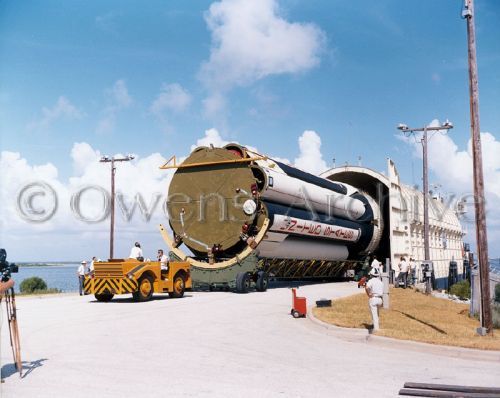 Saturn-1B first stage is unloaded from NASA barge, Apollo1