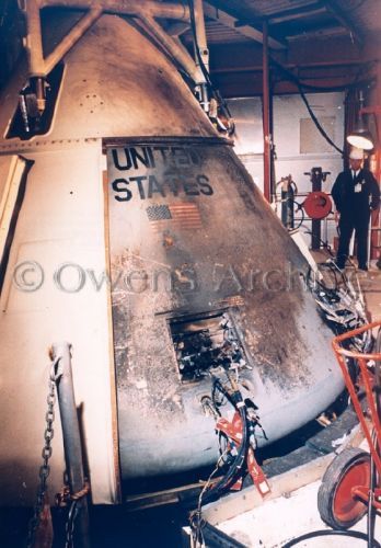 Exterior view of the Apollo 204 spacecraft after the fire, Jan. 27, 1967