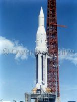 Saturn C1 configuration stands erect on its launch pedestal at complex 34 at Cape Canaveral