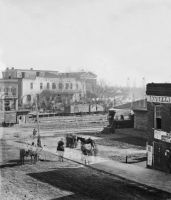 Soldiers on boxcars at railroad depot. Atlanta