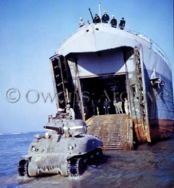 LST unloading Sherman tank on beach