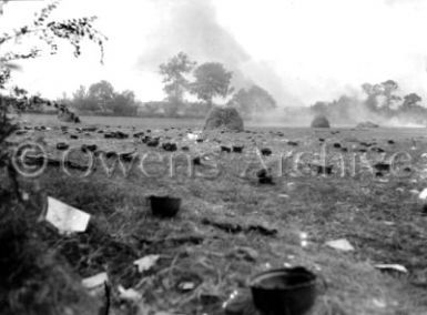 Helmets from Captured German Soldiers on Battlefield