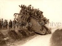 Canadian soldiers on tank, Western Front 1918